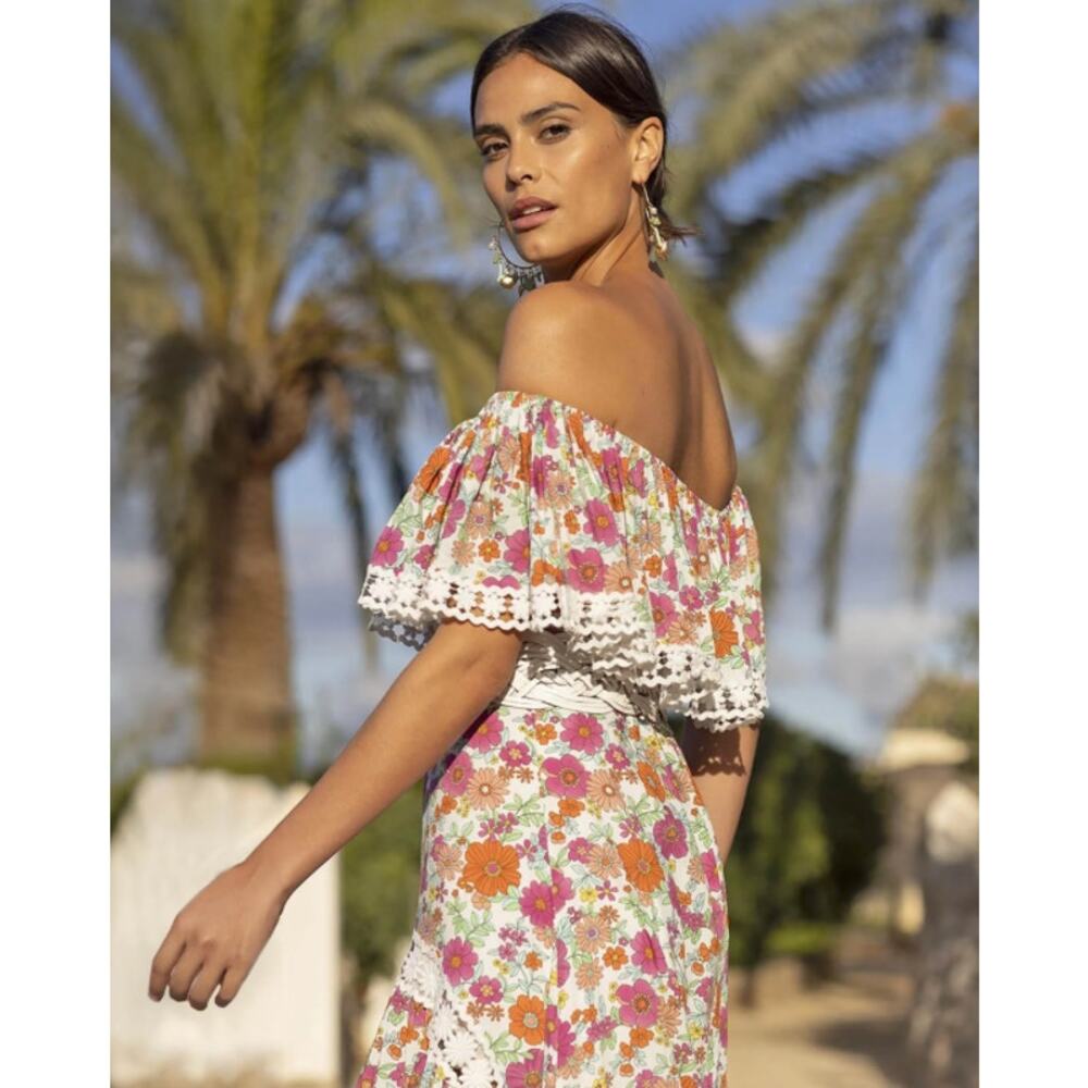 Miss June Rayan Off The Shoulder Floral Lace Ruffle Maxi Midi Dress Boho Pink - Picture 3 of 12